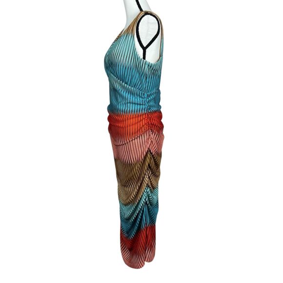 Guess Women’s Bodycon Midi Dress Size 14 Multicolor Pleated Ruched V-Neck - Picture 5 of 12